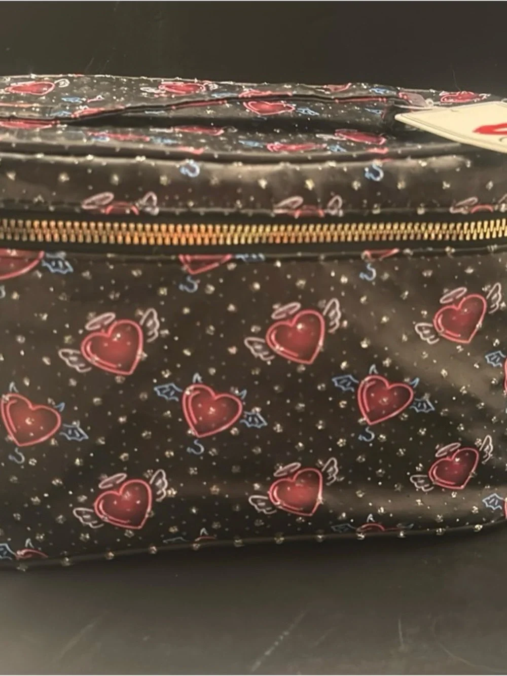 Black Cosmetic Pouch with Red Heart Print - Travel Makeup Case